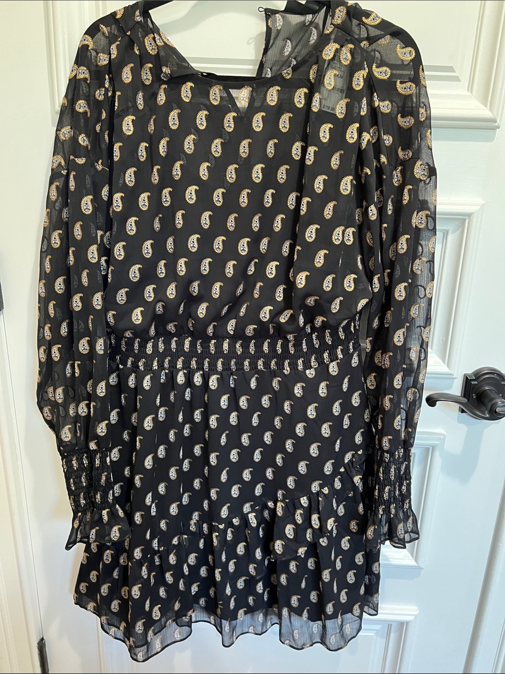 Black Paisley-Print Long Sleeve Smocked-Waist Dress